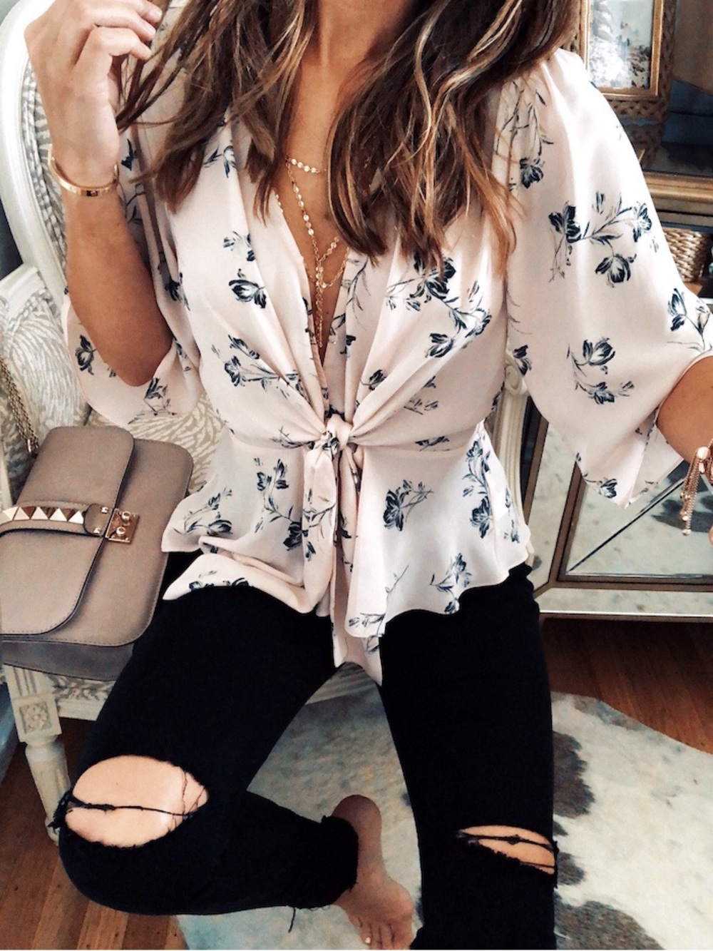 Wayf Blush Floral Tie-Front Blouse